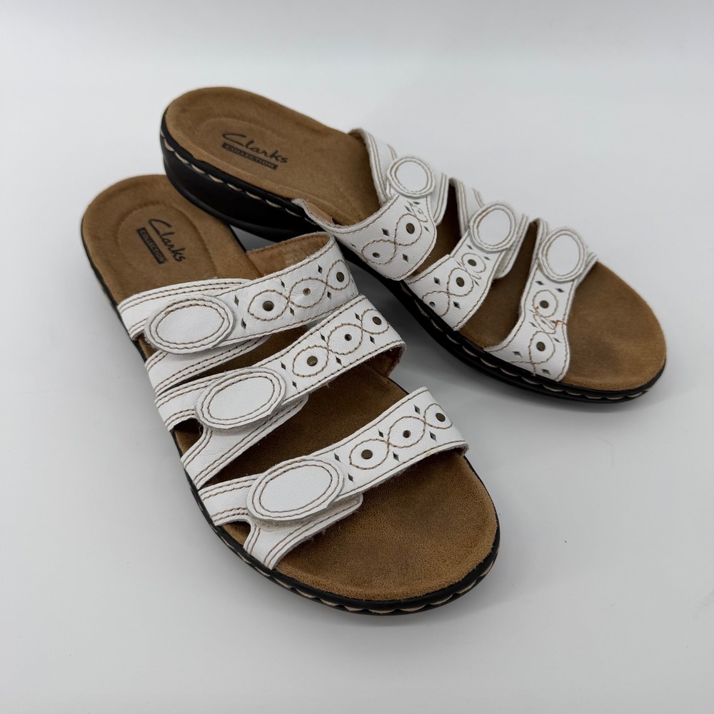 Clarks Sandals Women 7.5 White Leisa Lacie Slide Leather Triple Strap 26109039